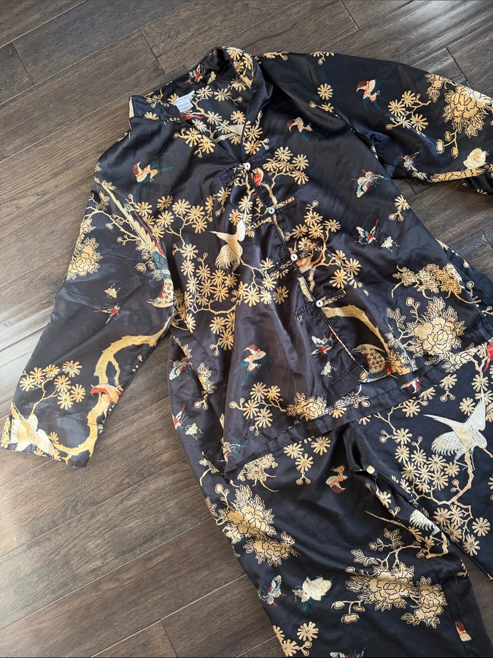 Natori Black Pajama Pants with Gold Floral & Bird Print - Picture 3 of 6